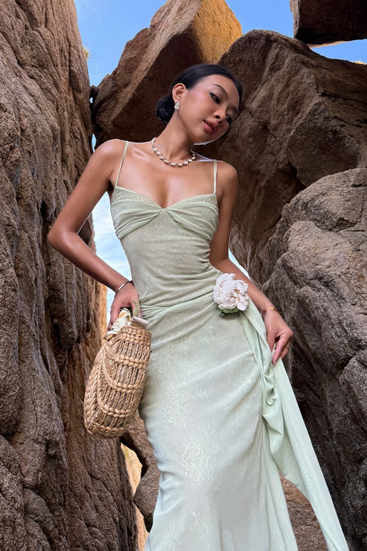 Lace Mesh 3D Floral Waist Cinched Cami Maxi Dress