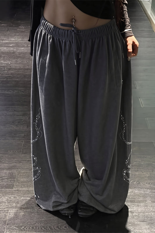 Rhinestone Swirl Drawstring Wide Leg Pants
