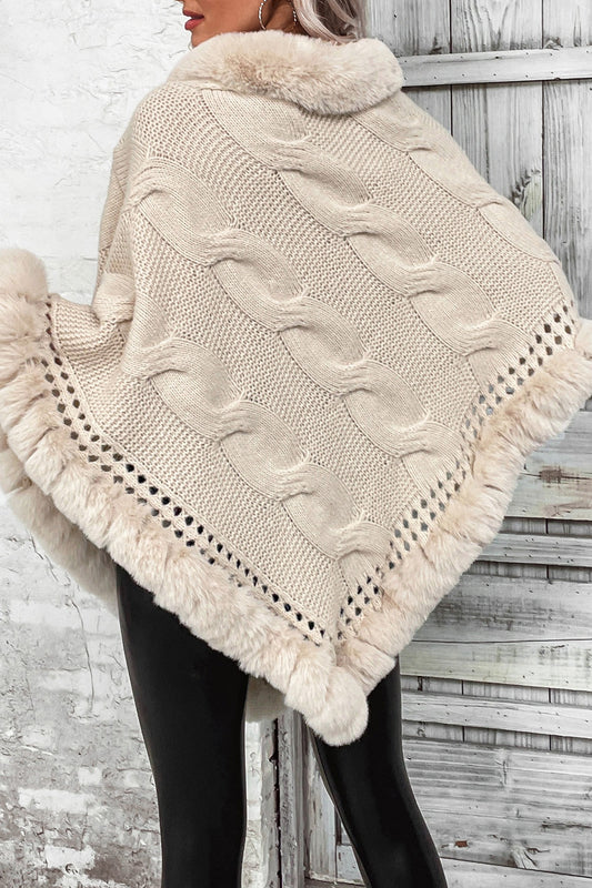 Vintage Poncho-Mantel mit Zopfmuster und Fleecekragen