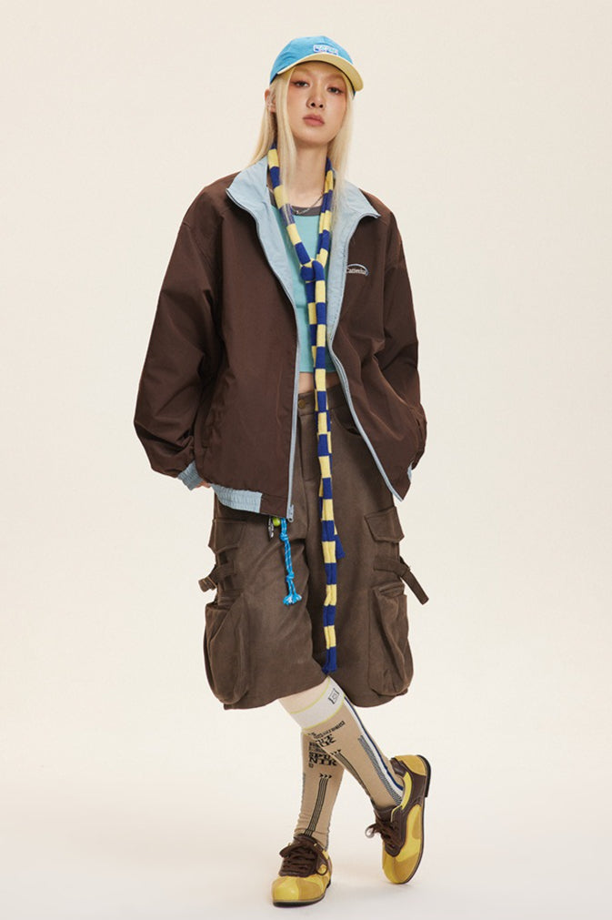 Reversible Stand Collar Colorblock Jacket