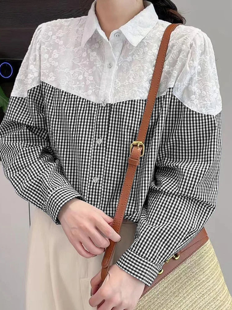 Lace Stitching Plaid Long Sleeve Blouse Bohemian Blouse Black / S blouse-250126