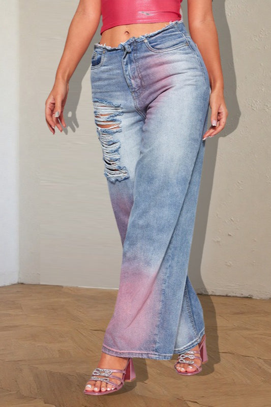 Ripped Color Block Ink Splash Distressed Jeans