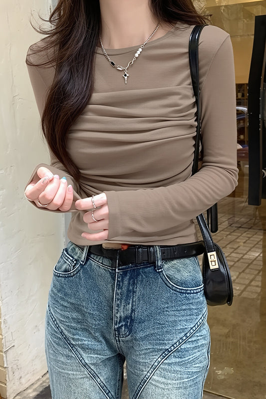 Ruched Front Sheer Long Sleeve Tee
