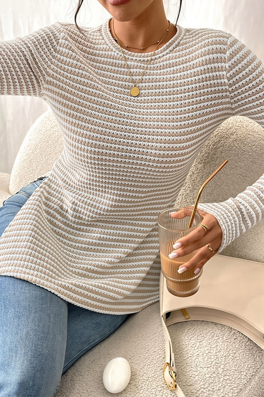Textured Stripe Side Slit Long Sleeve T Shirt