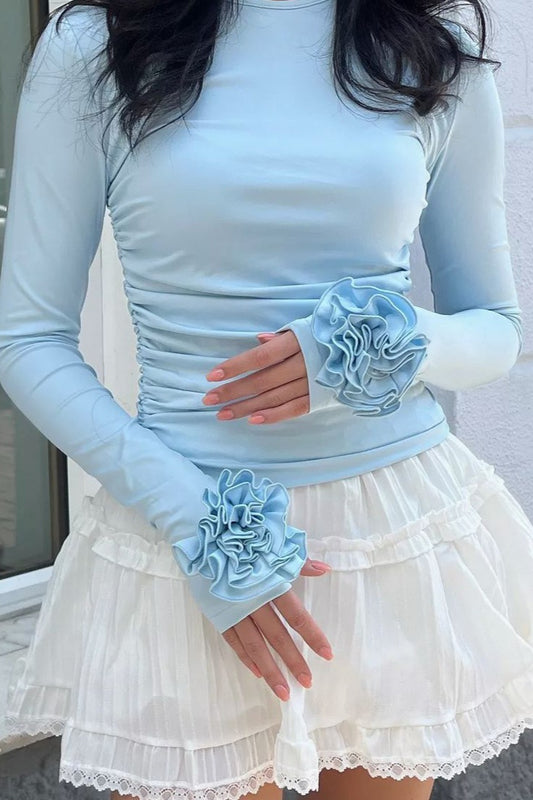 3D-Blumenmuster, schmal geschnittenes Langarmshirt