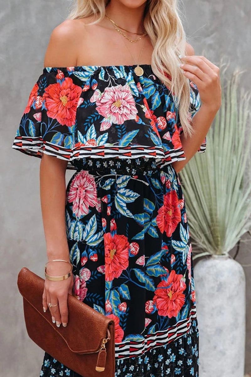 Elegant Tube Top Trendy Three-Color Printed Maxi Dress