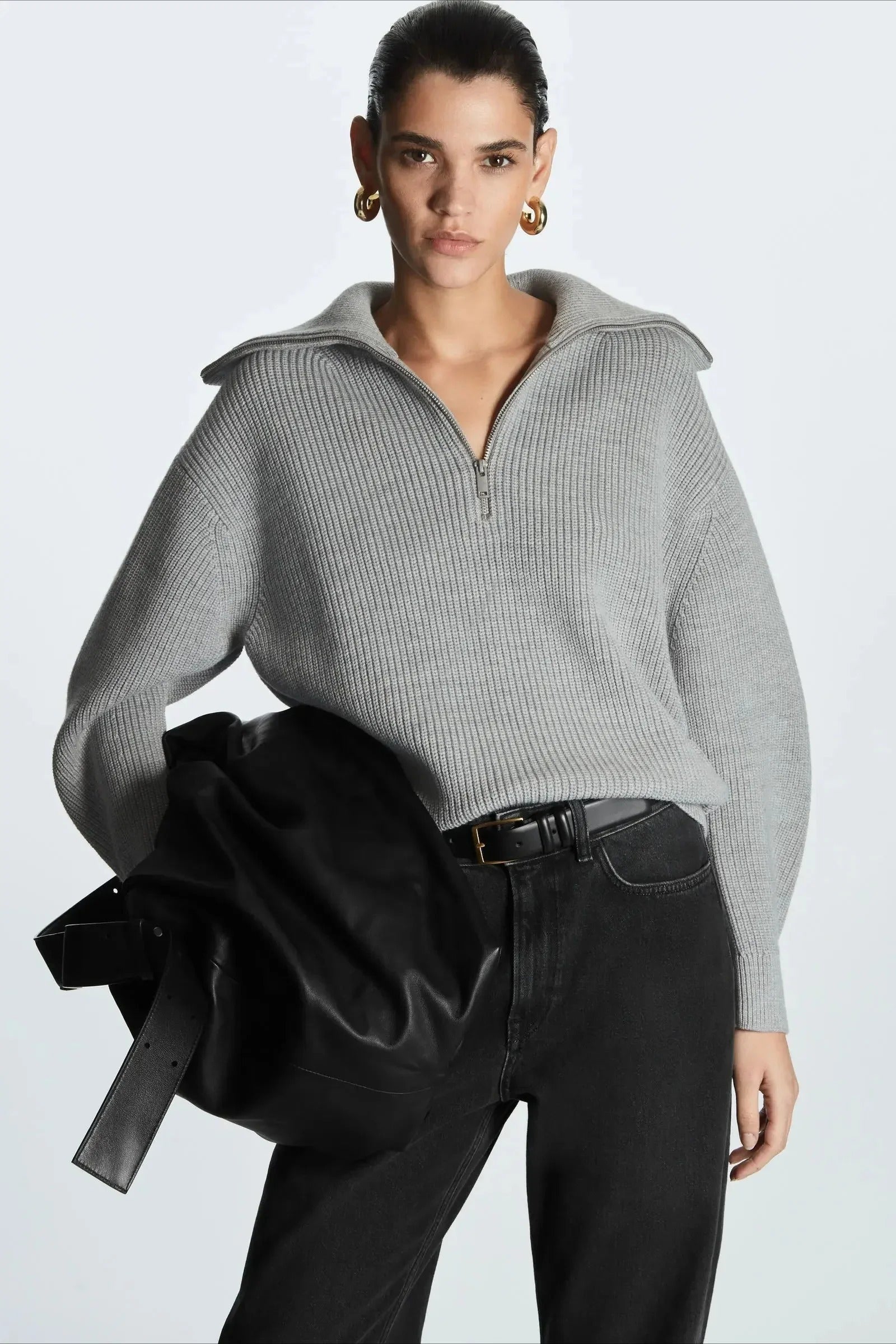 Fashion Wool Blend Open Collar Sweater Grey / XS