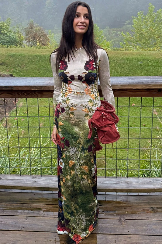 Floral Mesh Long Sleeve Maxi Dress