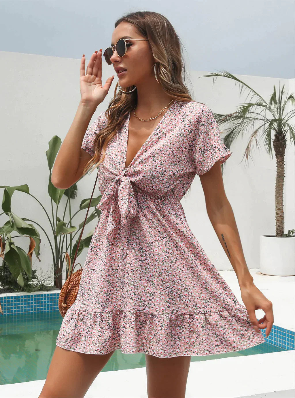 Deep V-Neck Flounces Chiffon Flowered Top S / Green Dresses