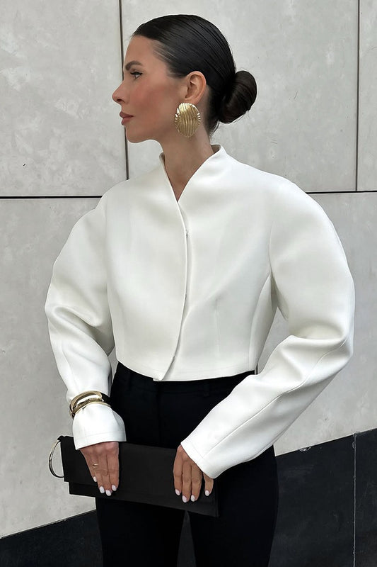 White Cropped Stand Collar Jacket