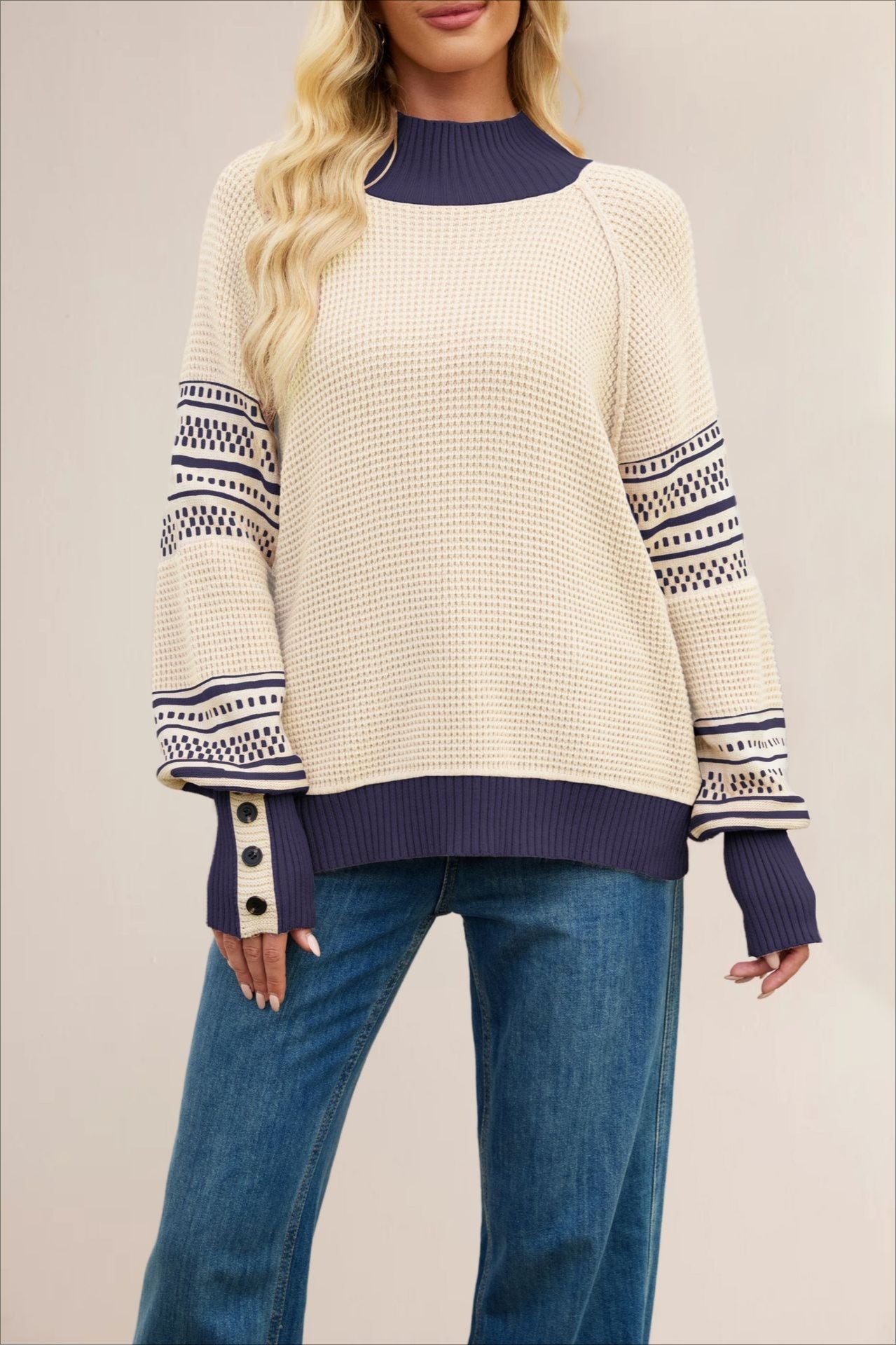 Color-Block Mock Neck Fashion Knit Sweater Apricot / S