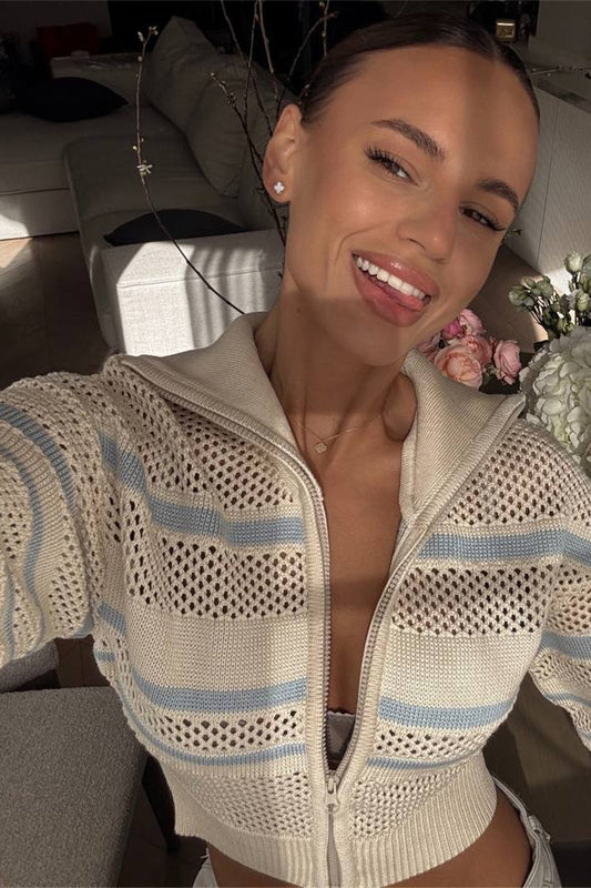 Farbblock-Streifen-Kapuzenpullover mit Reißverschluss, Kragenausschnitt und langen Ärmeln