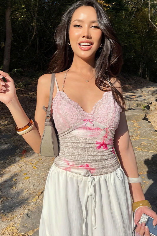 Floral Lace Panel Slim Crop Cami Top