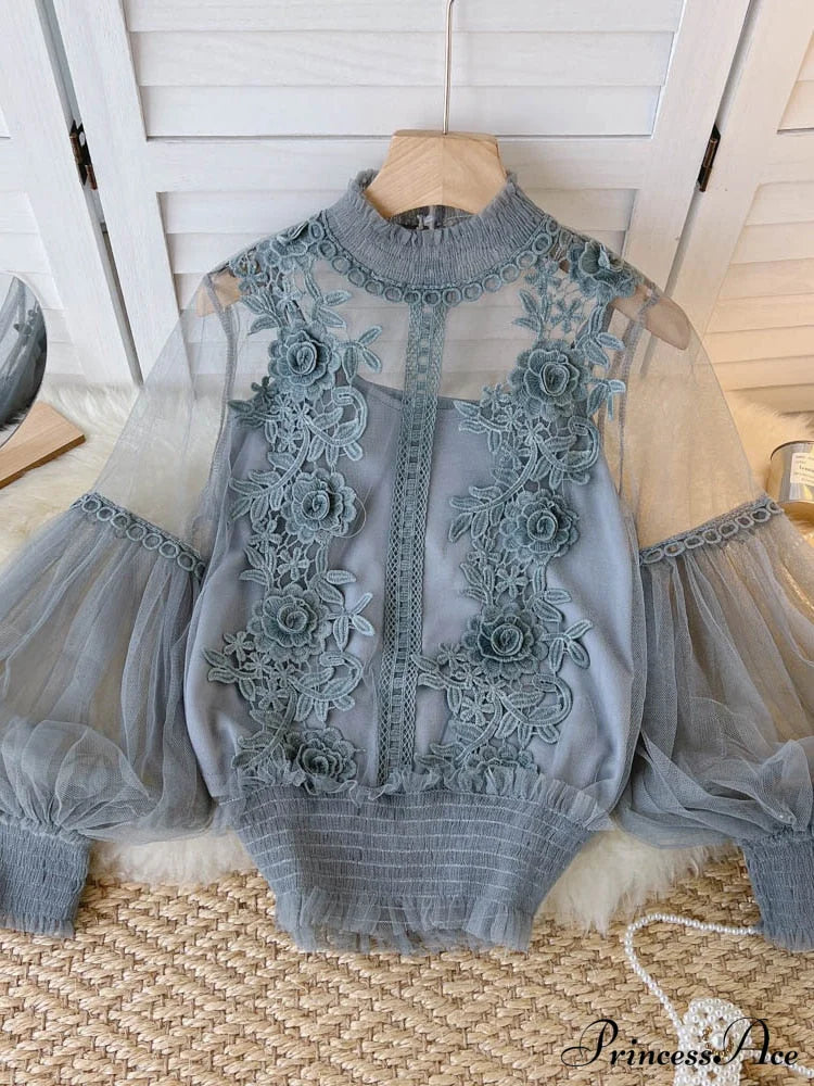 3D Blouse Top Lace Mesh Shirts Spring Lantern Elegant Arm Blusas Women Sheer Flowered Femininas