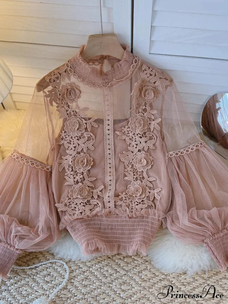 3D Blouse Top Lace Mesh Shirts Spring Lantern Elegant Arm Blusas Women Sheer Flowered Femininas