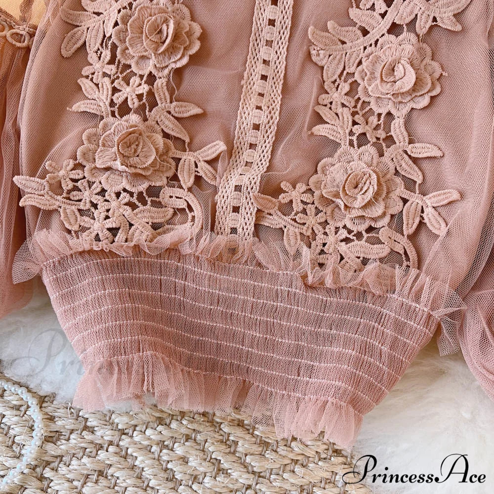 3D Blouse Top Lace Mesh Shirts Spring Lantern Elegant Arm Blusas Women Sheer Flowered Femininas