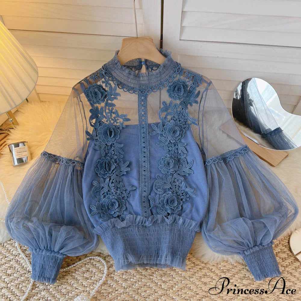 3D Blouse Top Lace Mesh Shirts Spring Lantern Elegant Arm Blusas Women Sheer Flowered Femininas