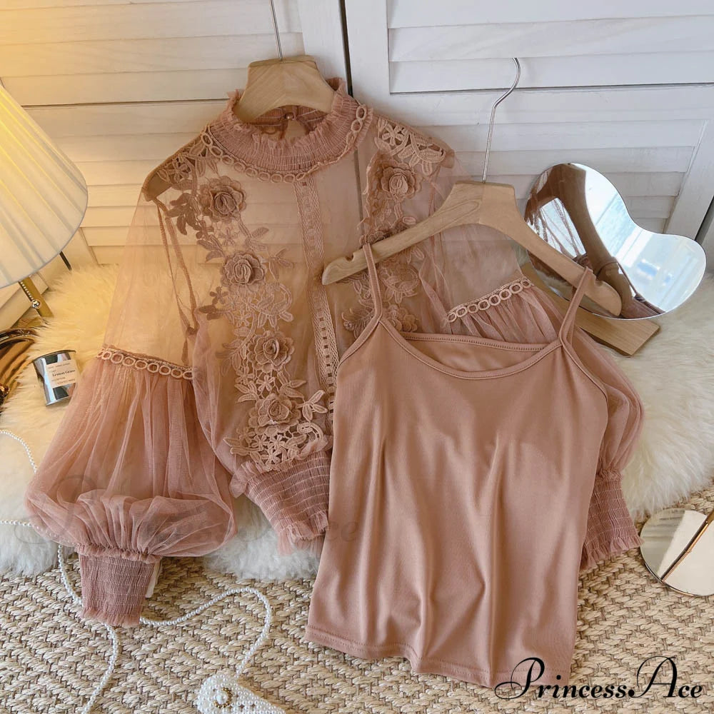 3D Blouse Top Lace Mesh Shirts Spring Lantern Elegant Arm Blusas Women Sheer Flowered Femininas