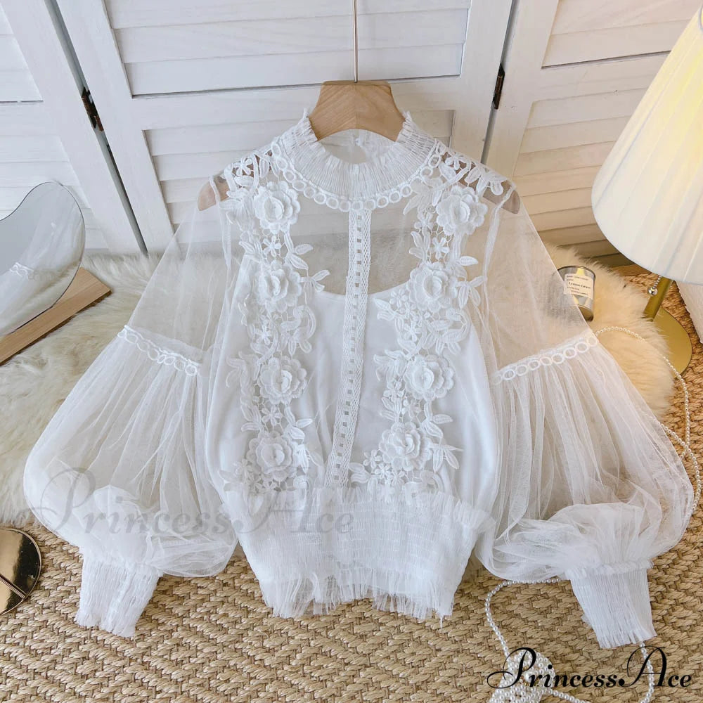 3D Blouse Top Lace Mesh Shirts Spring Lantern Elegant Arm Blusas Women Sheer Flowered Femininas