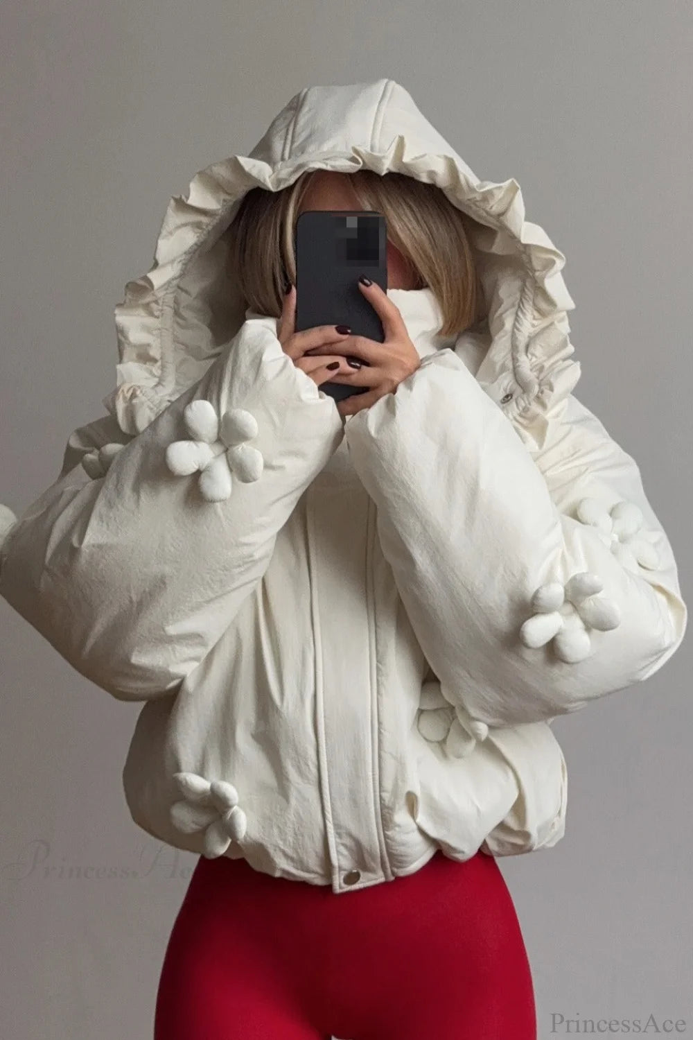 3D Floral Ruffled Hood Cropped Padded Coat White / S