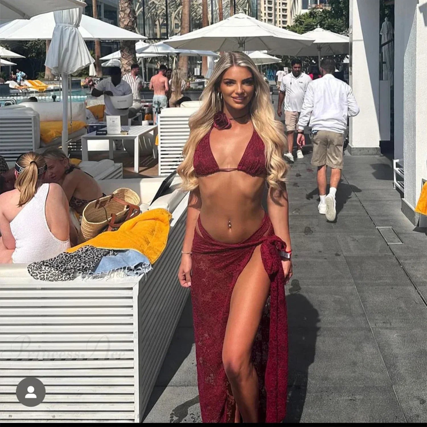 3D Flower Fringed Skirt Three Piece Swimsuit wine / S