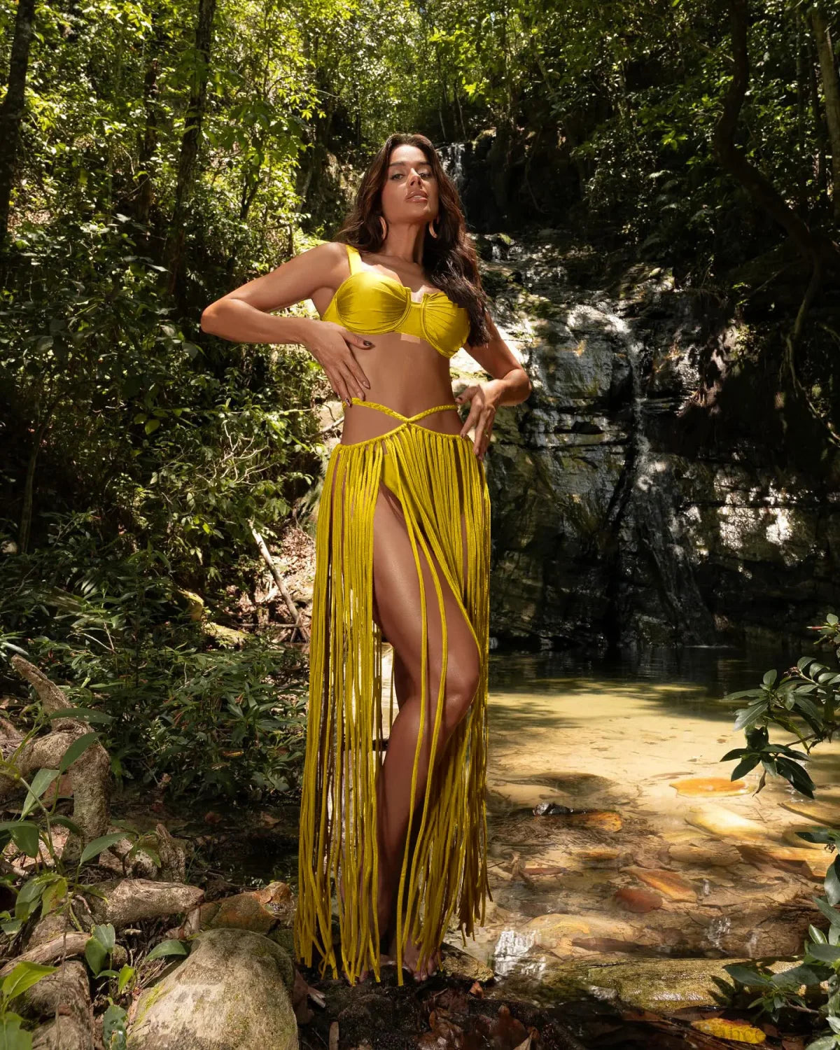 3D Flower Fringed Skirt Three Piece Swimsuit yellow / S