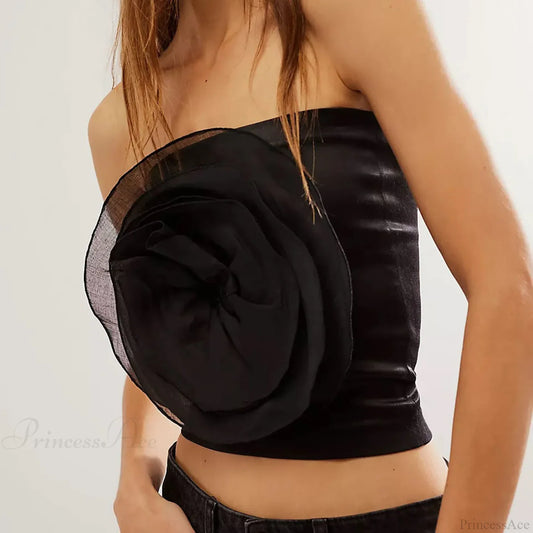 3D Flower Strapless Mesh Bandeau Crop Top Summer Streetwear Black / S croptop-250126