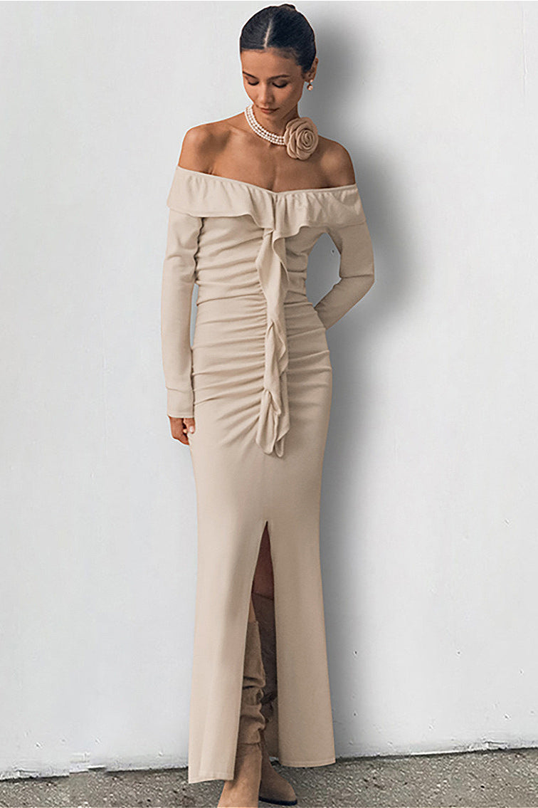 Ruffled Bandeau High end Split Mermaid Maxi Dress Khaki / S
