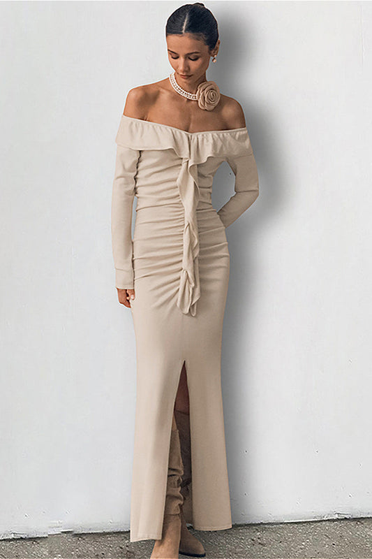 Ruffled Bandeau High end Split Mermaid Maxi Dress Khaki / S