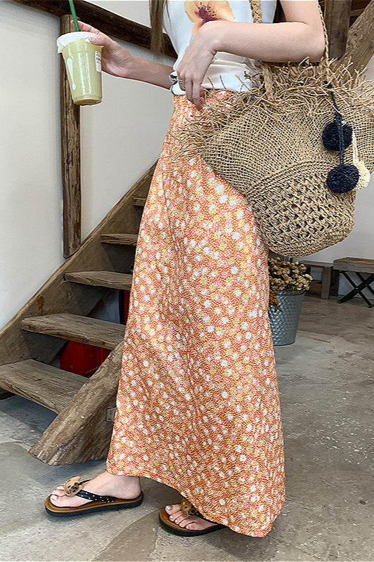 Oranger A-Linien-Midirock mit Blumenmuster