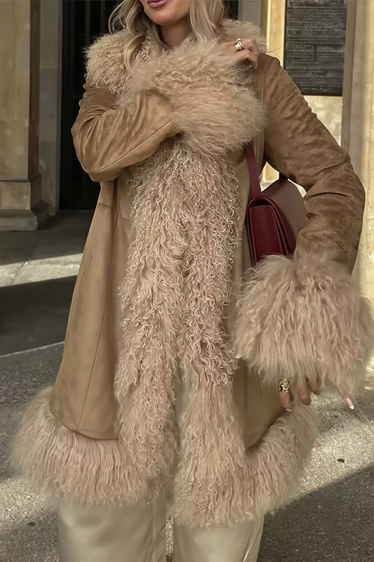 Plush Trim Suede Look Hooded Coat