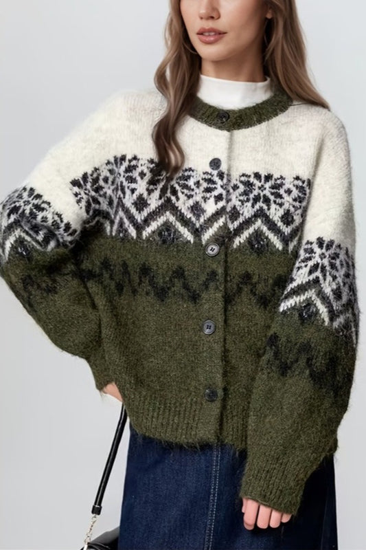 Retro-Strickjacke im nordischen Schneeflocken-Jacquard-Stil