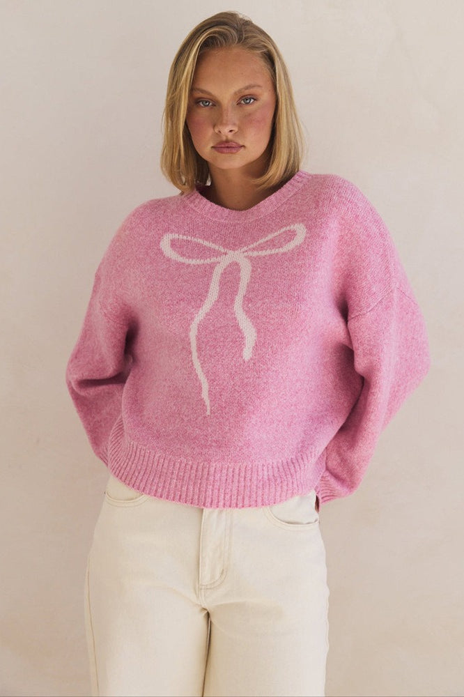 Bow Jacquard Crew-Neck Loose Casual Sweater