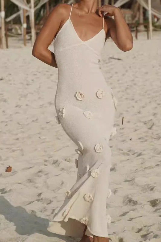 Rückenfreies Maxikleid aus Strick mit Blumenmuster und Schnürung 