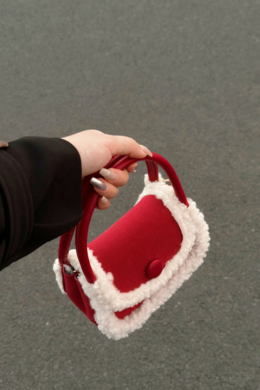 Flauschige rote quadratische Mini-Tasche, Handtasche, Schultertasche, Umhängetasche