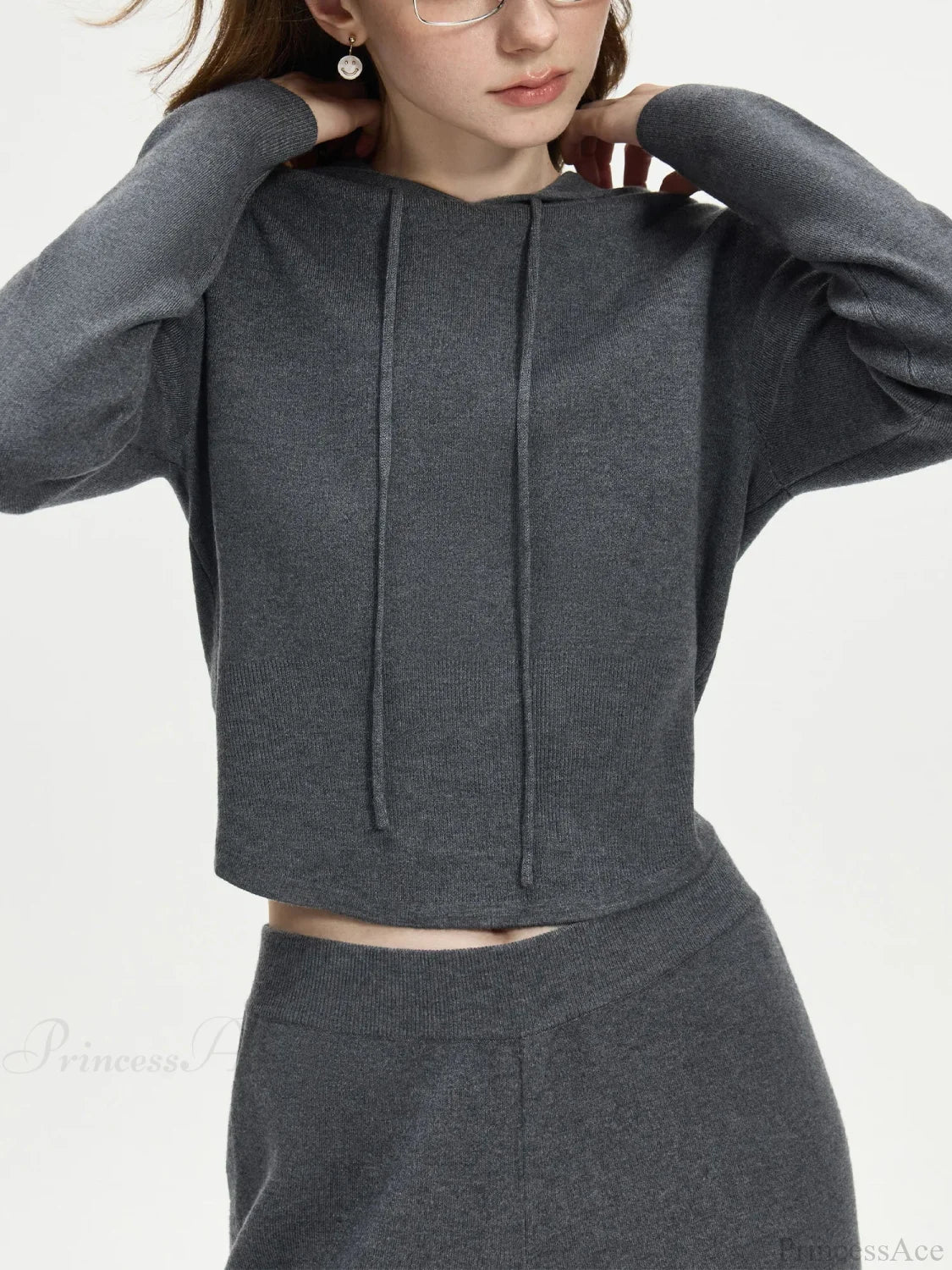 4.1% Wool Short Hooded Chic Knitwear Sweater Gray Top / XS