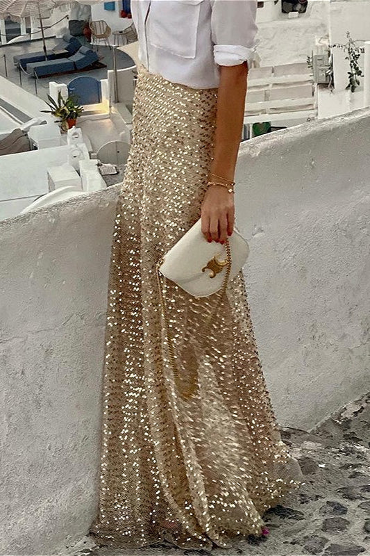 Paillettenbesetzter Maxirock mit hohem Bund