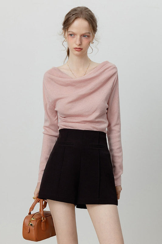 Off-Shoulder Draped Collar Waist-Cinched Knit Top Blue / S