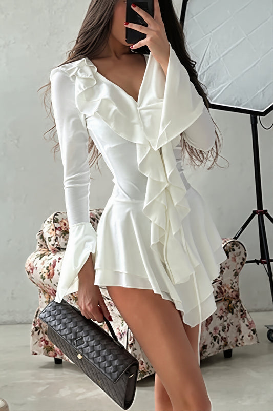 Ruffle Front Long Sleeve Shirt Mini Dress