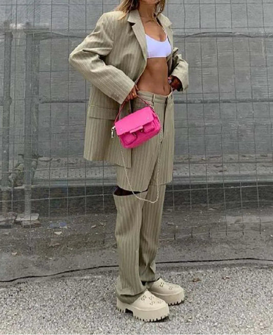 Khakifarbenes, bedrucktes, ausgehöhltes Hosen-Zweiteiler-Set fürs Büro