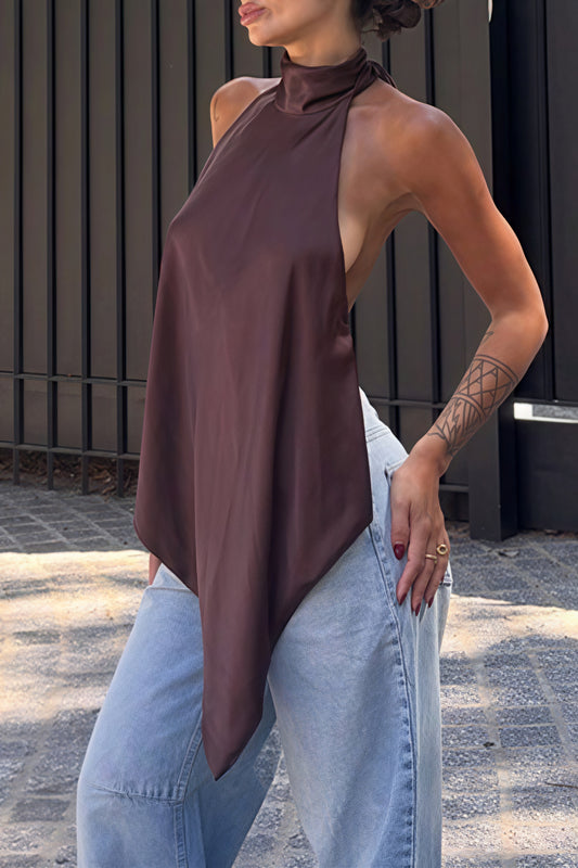 Loose Wavy Irregular Hem Backless Halter Top