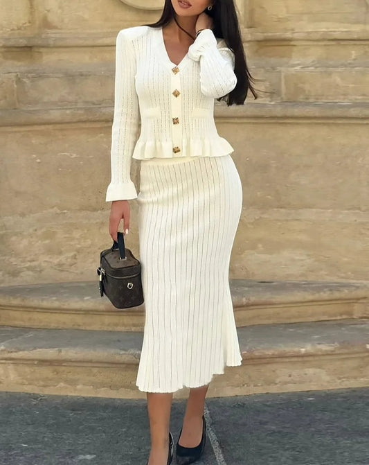 Elegantes, gestricktes, passendes langes zweiteiliges Büro-Set