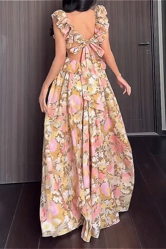 Rüschenkleid mit V-Ausschnitt, ärmellos, schmal geschnitten, mit Blumenmuster