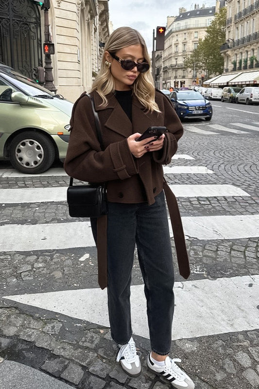 Double Breasted Belted Wool Blend Jacket