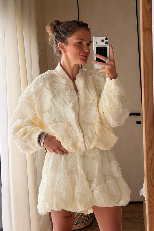 Floral Applique Zip Jacket Shorts Set