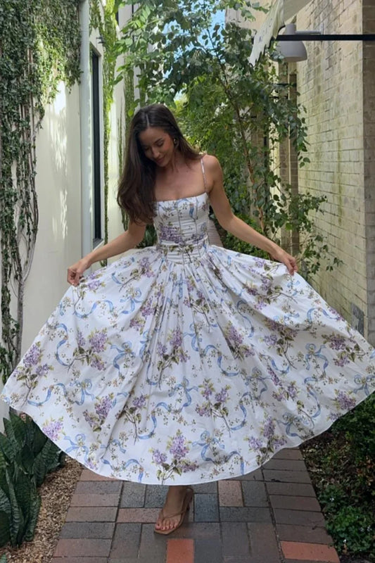 Schickes Maxikleid mit bedruckten Trägern und Plissee aus Rayon 