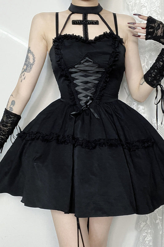 Sexy Gothic-Kleid mit gekreuzten Neckholder-Trägern
