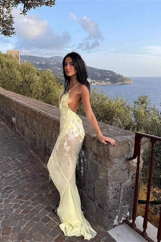 Hohles ärmelloses Kleid mit Pailletten und Blumenmuster und hoher Taille