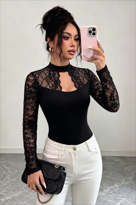 Lace Cutout Yoke Fitted Top