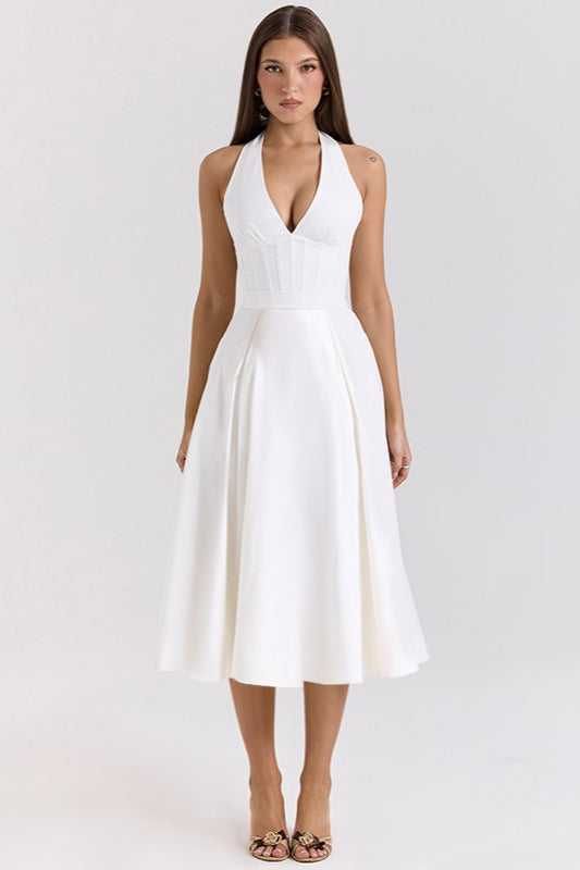 Elegantes, rückenfreies Maxikleid mit tiefem V-Ausschnitt und Neckholder für Partys